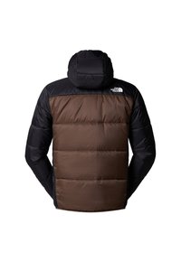 Braune und schwarze Steppjacke mit Kapuze, mit einem gesteppten Design und einem Logo auf dem oberen Rücken. Matte Textur und wasserabweisendes Material.