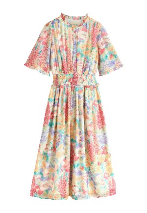 Maxikleid aus leichtem Stoff mit kurzen Ärmeln, tailliertem Bund und bunten Blumenmustern in Schattierungen von Rosa, Grün und Gelb.
