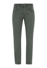 Pantalones de algodón verdes con diseño ajustado, estilo de cinco bolsillos, bragueta con cremallera y cierre de botón metálico. Textura lisa, sin estampados ni adornos.