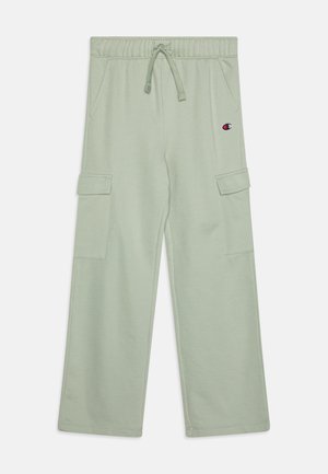 Zelene bombažne cargo hlače z elastičnim pasom, vrvico in dvema stranskima žepoma. Hlače naravnost krojene z žepi na stegnih.
