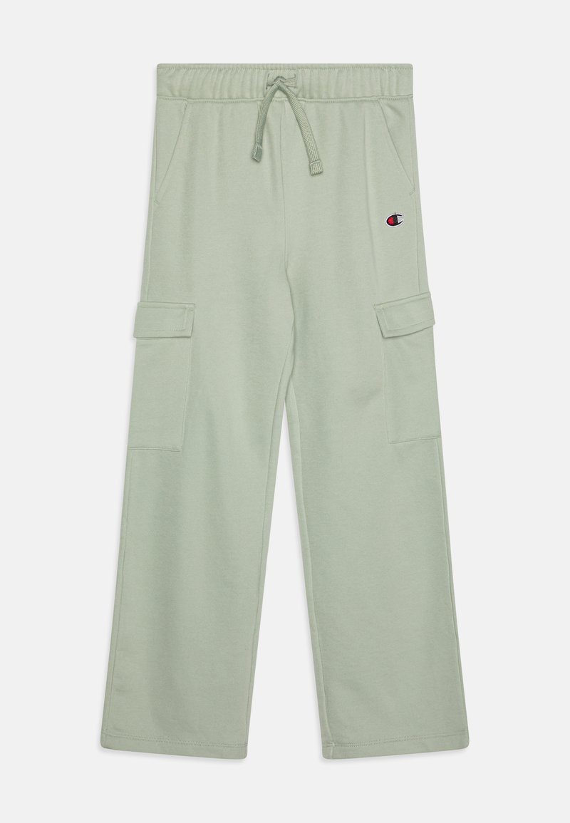 Zelene bombažne cargo hlače z elastičnim pasom, vrvico in dvema stranskima žepoma. Hlače naravnost krojene z žepi na stegnih.