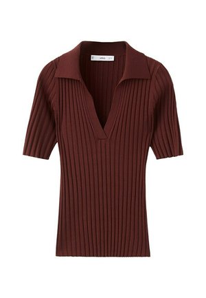 Kratka rjava majica s kratkimi rokavi iz rebraste pletenine z globokim V-izrezom in ovratnikom, prilegajočim se krojem.