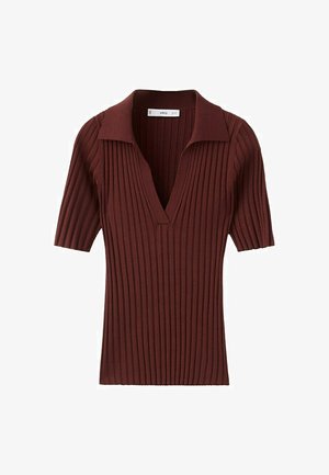 Kratka rjava majica s kratkimi rokavi iz rebraste pletenine z globokim V-izrezom in ovratnikom, prilegajočim se krojem.