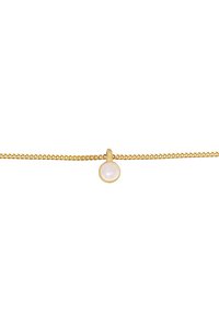Goldkette mit einem dünnen, strukturierten Design, das eine runde, weiße Edelstein-Anhänger in der Mitte hat. Einfacher und minimalistischer Stil.