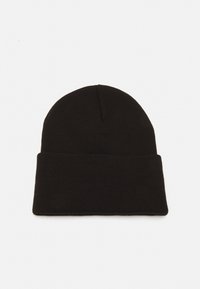 Black knitted beanie made from soft fabric, featuring a folded cuff and a seamless crown. The texture appears smooth and stretchy.