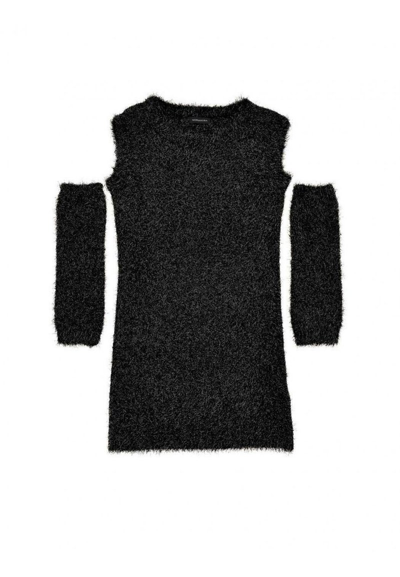 Schwarzer, fuzziger Pullover mit offenen Schultern und langen gestrickten Ärmeln. Verfügt über einen weichen, strukturierten Stoff und ein lockeres Schnittdesign.