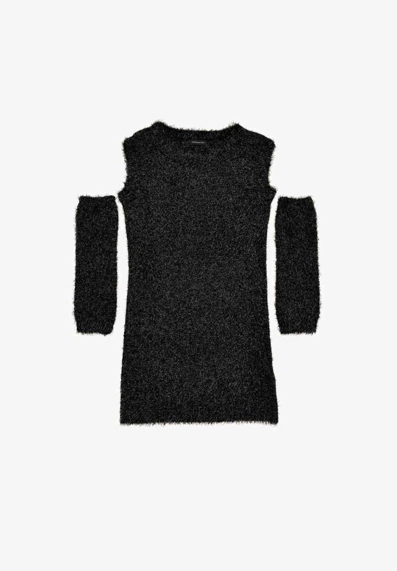 Schwarzer, fuzziger Pullover mit offenen Schultern und langen gestrickten Ärmeln. Verfügt über einen weichen, strukturierten Stoff und ein lockeres Schnittdesign.