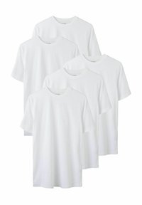 Fem hvide T-shirts i bomuld, kortærmede, med rund hals, ensfarvede uden mønstre eller logoer, pakket i en stak.