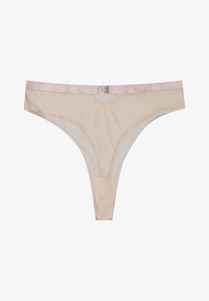 Przezroczysty, beżowy thong z jasnoróżowymi wykończeniami i subtelnym wzorem na pasie. Miękka tekstura, minimalistyczny design i cienkie boki.