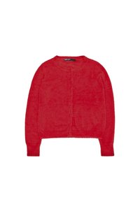 Cardigan rojo de felpa con cuello redondo, mangas largas y cierre de botones en la parte delantera. Presenta una textura suave y puños y dobladillo acanalados.
