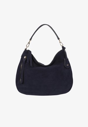 Navy suede shoulder bag with a curved silhouette, gold-tone hardware, a zip pocket, and tassel accents on the side.