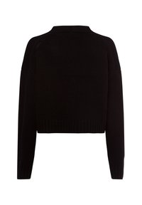 Zwarte gebreide trui, cropped lengte, ronde hals, ribbelrand en manchetten, lange mouwen, textielstructuur, eenvoudige ontwerp.