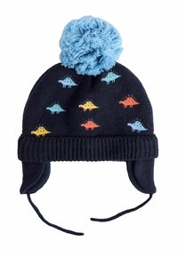 Námornícka pletená čiapka so svetlomodrým brmbolcom, s dinosaurími vzormi v oranžovej, žltej a modrej farbe, a s ušnými klapkami s viazaním.