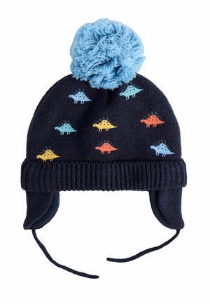Tume sinine kampsunihatu, millel on helesinine pom-pom ja dinosauruse mustrid oranži, kollase ja sinise värviga, ning kõrvakattega nöörid.