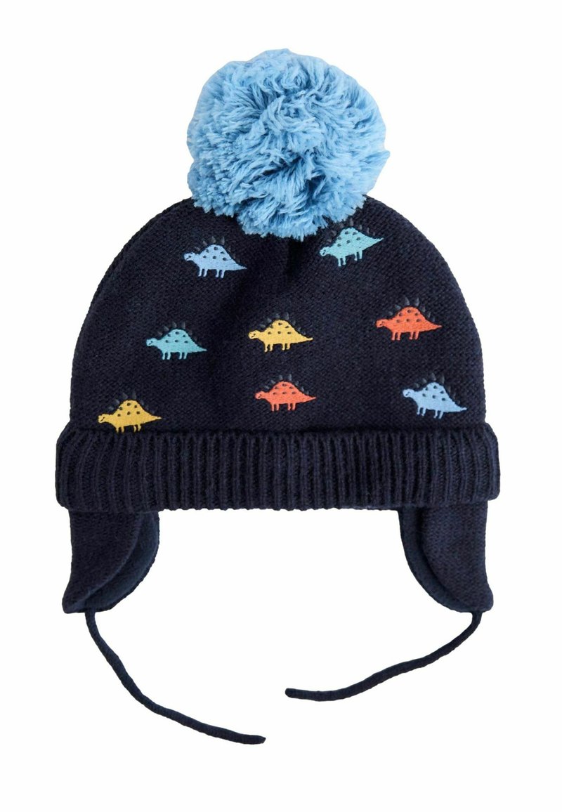 Námornícka pletená čiapka so svetlomodrým brmbolcom, s dinosaurími vzormi v oranžovej, žltej a modrej farbe, a s ušnými klapkami s viazaním.