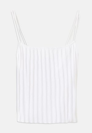 Λευκό αμάνικο τοπ με λεπτές τιράντες, διαθέτει κάθετη ριμπ υφή και ίσια τελείωμα. Ελαφρύ ύφασμα, μίνιμαλ σχεδιασμός.