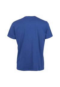 Kurzarm-T-Shirt aus einfarbigem blauen Baumwollstoff. Die Rückansicht zeigt einen Rundhalsausschnitt und eine glatte Textur ohne Muster oder Verzierungen.