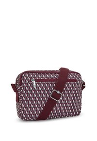 Borsa a spalla in tessuto testurizzato con un motivo geometrico in bordeaux e grigio. Presenta una tasca con zip, una tracolla regolabile e accessori in argento.