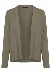 Olivgrünes Strickjäckchen mit offenem Front, langen Ärmeln, aus weichem Material, mit lockerer Passform und ohne Verschlüsse. Glatte Textur, schlichtes Design.