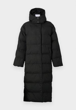 Black puffer coat with a long, straight design, featuring a high collar, snap-button closure, and quilted texture for insulation.