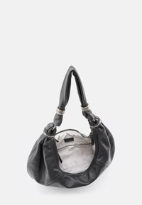 Zwarte leren handtas met geknoopte handgrepen, zilverkleurige ringaccenten en een zacht, afgerond ontwerp. Binnenkant gevoerd met licht stof en voorzien van vakken.