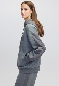 Sudadera con capucha gris de textura suave, con acentos lisos en las mangas grises y un cierre frontal, diseñada para un ajuste relajado.