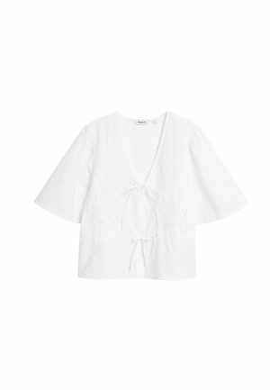 Weiße kurzärmelige Bluse mit V-Ausschnitt, vorderer Bindeschlaufe, dezent besticktem Blumenmuster und lockerer Passform.