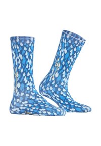 Blaue Socken mit einem Regentropfenmuster in verschiedenen Schattierungen. Der Text lautet "Positiv." Hergestellt aus einem weichen, dehnbaren Material. Mid-Calf-Länge.