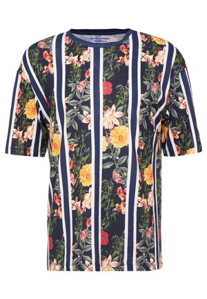Navyblauw T-shirt met korte mouwen met verticale witte en blauwe strepen en een meerkleurig bloemenpatroon met gele, rode en roze bloemen.
