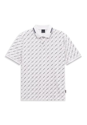 White short-sleeve polo shirt with black geometric pattern and white collar with two black stripes on a white background.