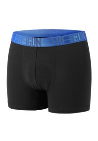Black boxer shorts made of smooth fabric, featuring a blue elastic waistband with "FREEGUN" text. Mid-length cut with a snug fit.
