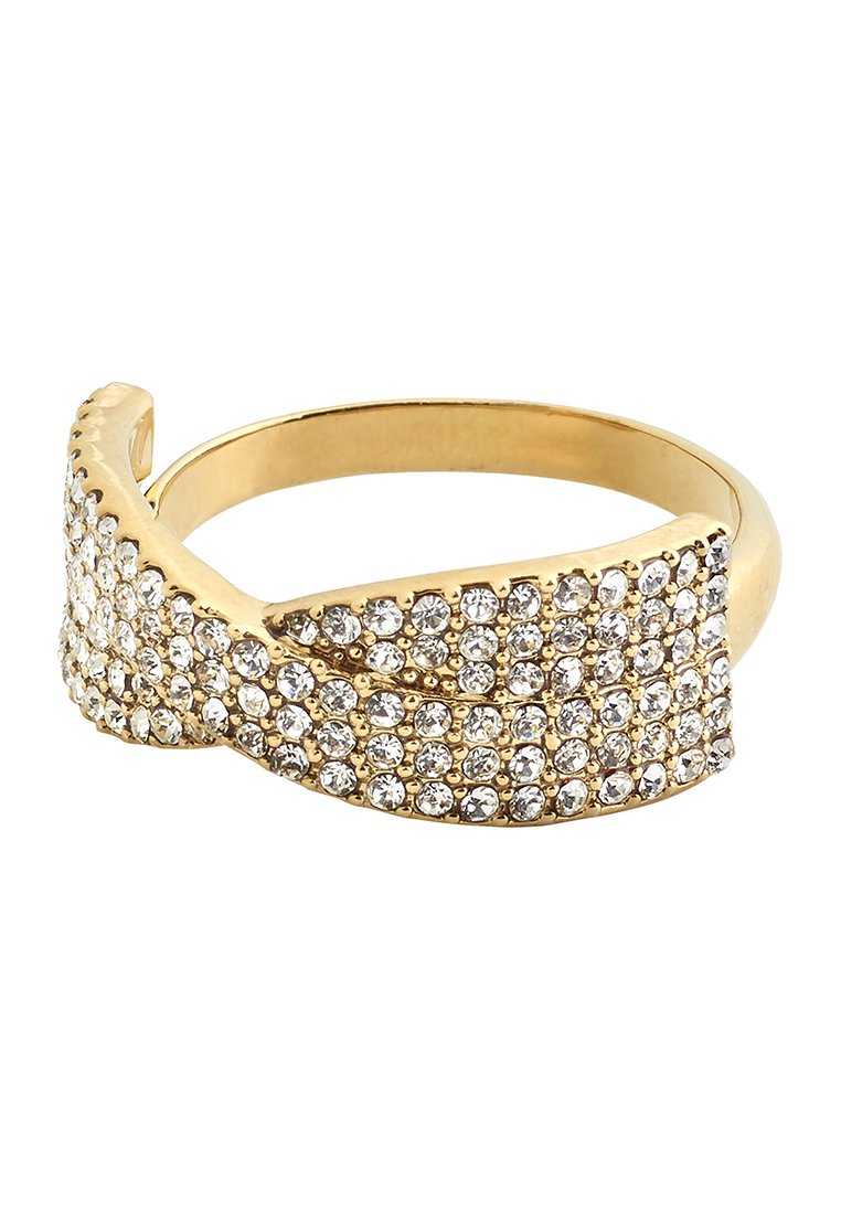 Guldfärgad ring med en vågig design, prydd med små klara rhinestones över ytan. Slät band med texturerade kanter.