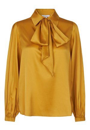 Senfgelbe Bluse mit strukturiertem Kragen und großem Schleifendetail. Lange Ärmel, geraffte Bündchen und glatte Satin-Oberfläche.
