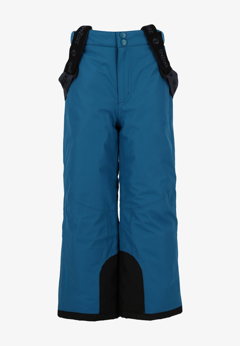 Blå skidbyxor med justerbara svarta hängslen, med en slät yta och en svart förstärkt nederdel för hållbarhet.