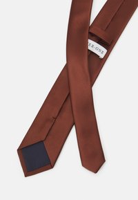 Brown striped tie, made of woven fabric. Features a slim design with a pointed tip and a navy blue underside. Tag visible indicates brand.