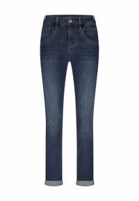 Donkerblauwe denimjeans met een getailleerd ontwerp, rechte pijpen en opgerolde boorden. Bevat klassieke vijf-pocket stijl en contrasterende stiksels.
