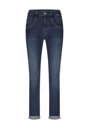 Donkerblauwe denimjeans met een getailleerd ontwerp, rechte pijpen en opgerolde boorden. Bevat klassieke vijf-pocket stijl en contrasterende stiksels.