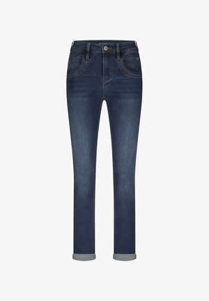 Donkerblauwe denimjeans met een getailleerd ontwerp, rechte pijpen en opgerolde boorden. Bevat klassieke vijf-pocket stijl en contrasterende stiksels.