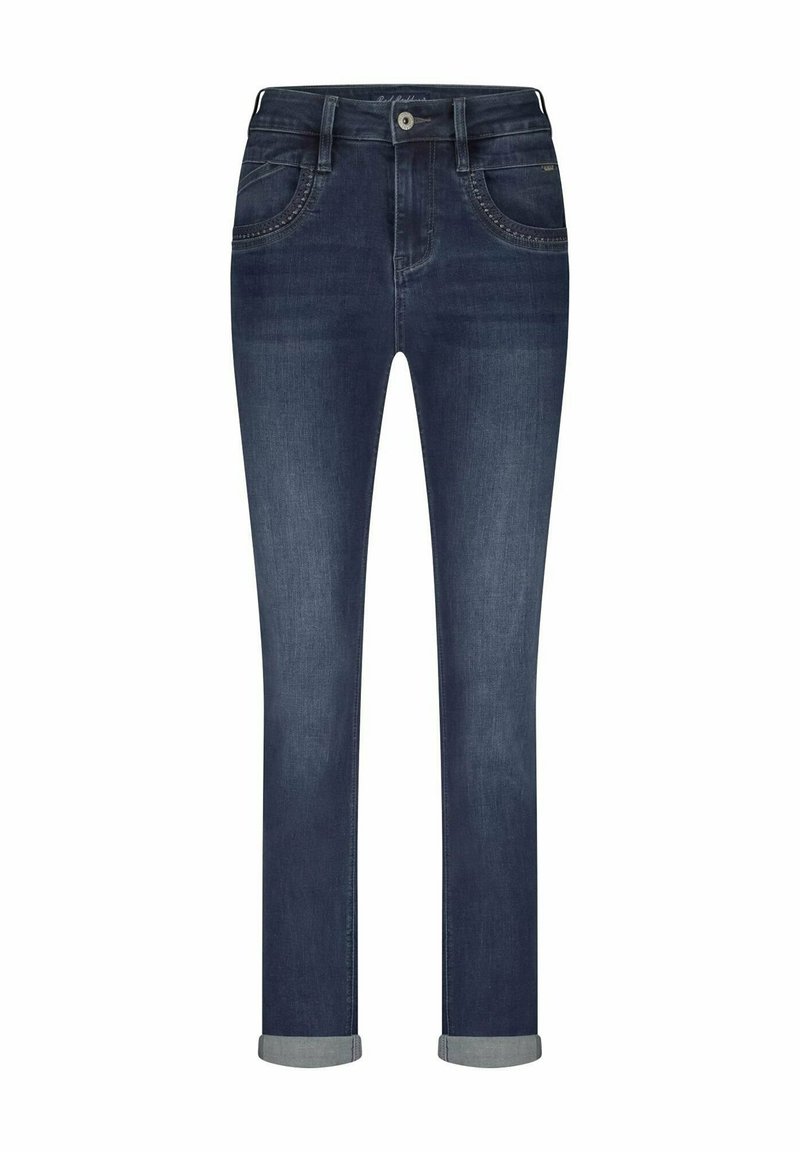 Donkerblauwe denimjeans met een getailleerd ontwerp, rechte pijpen en opgerolde boorden. Bevat klassieke vijf-pocket stijl en contrasterende stiksels.