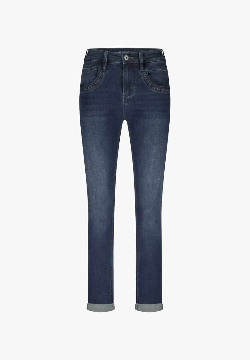 Donkerblauwe denimjeans met een getailleerd ontwerp, rechte pijpen en opgerolde boorden. Bevat klassieke vijf-pocket stijl en contrasterende stiksels.