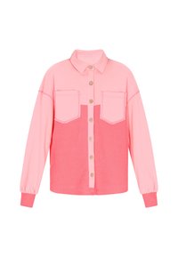 Rosa skjorta med knappar och långa ärmar, med två framfickor, en texturerad panel samt en slät krage och manschetter.