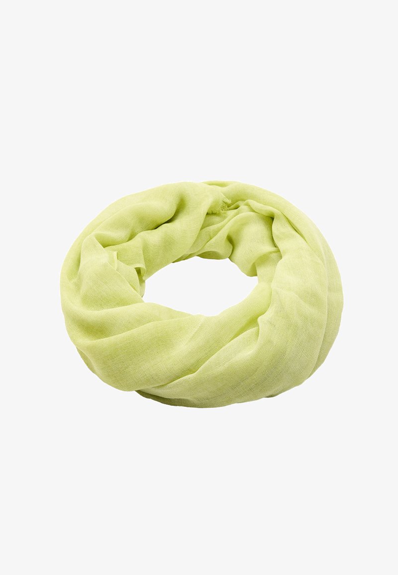 Jasnozielony szal w kształcie nieskończoności, wykonany z miękkiej, lekkiej tkaniny. Posiada gładką teksturę z niewielkimi odcieniami kolorów, co nadaje mu swobodny wygląd.