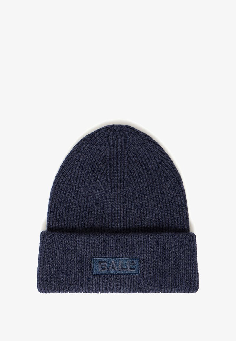 Granatowa, dziana czapka beanie z podwiniętym brzegiem, posiadająca teksturowany materiał oraz haftowaną naszywkę z logo z przodu.