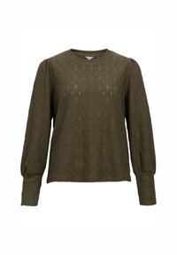 Oliivinvihreä pitkähihainen paita, jossa on teksturoitu timanttikuvio, pyöreä pääntie ja hieman puffatut hihat. Valmistettu kevyestä materiaalista.