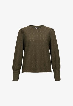 Oliivinvihreä pitkähihainen paita, jossa on teksturoitu timanttikuvio, pyöreä pääntie ja hieman puffatut hihat. Valmistettu kevyestä materiaalista.