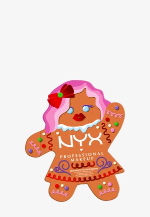 Sminkepalett formet som en peberkagemand med lyserødt hår, rød sløjfe, blå øjne, røde læber og farverige sukkergodt-accenter. Indeholder "NYX Professional Makeup"-logo.