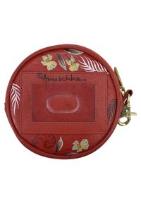 Ronde rode leren munttas met bloemmotieven, een transparant venster voor identificatie, gouden hardware en een ritsluiting. Structuur aan het oppervlak en gestikte randen.