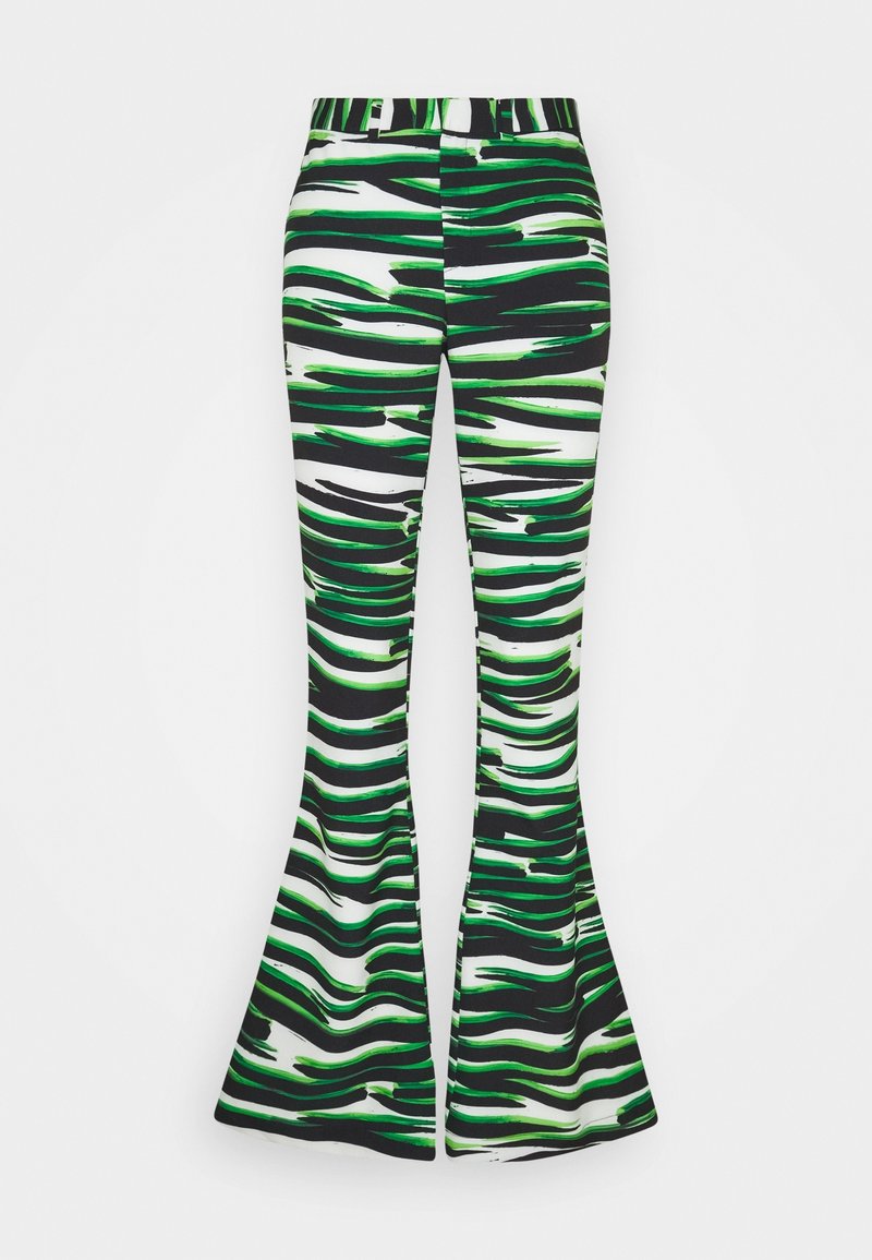 Pantalon évasé avec un motif audacieux de rayures vertes et noires sur fond blanc. Fabriqué dans un tissu flexible, design taille haute.