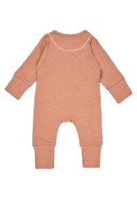 Geripptes Baby-Body in sanfter Pfirsichfarbe, mit langen Ärmeln, umgeschlagenen Bündchen, rundem Ausschnitt, lockerer Passform und ohne Füße.