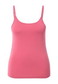 Top in rosa con spalline regolabilli, realizzato in un tessuto liscio ed elasticizzato. Presenta un collo arrotondato e un design aderente.